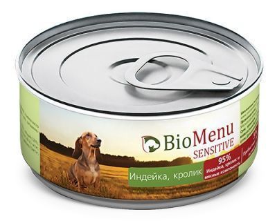 Влажный корм для собак BIOMENU конс. Индейка/Кролик 95%-МЯСО 100гр*24 (БИОМЕНЮ)