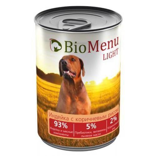 Влажный корм для собак BIOMENU конс. LIGHT Индейка с коричневым рисом  93%-МЯСО 410гр (БИОМЕНЮ)