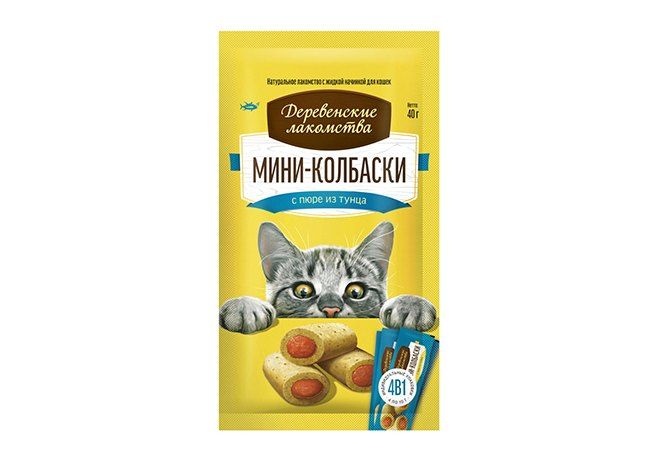 ДЕРЕВЕНСКИЕ ЛАКОМСТВА для кошек Мини - колбаски с пюре из тунца 10гр