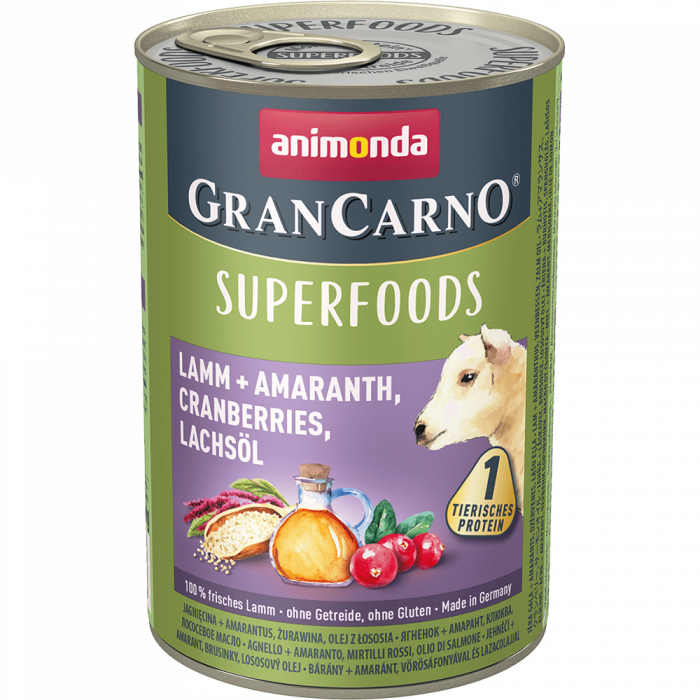 Влажный корм для собак Animonda GRAN CARNO SUPERFOODS c ягненком+амарант, клюква, лососевое масло 400 г (АНИМОНДА)