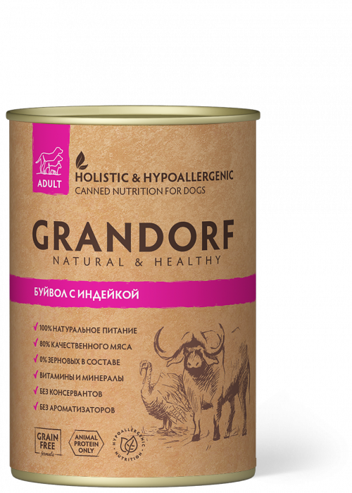 Влажный корм для собак GRANDORF Буйвол с Индейкой 400гр (ГРАНДОРФ)