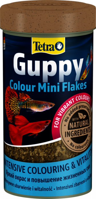 ТЕТРА GUPPY COLOR  Корм для живородящих рыб усиливающий окраску, мини хлопья