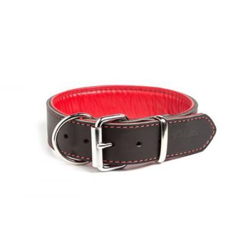 Ошейник GRIPALLE Остин кожаный для собак, с мягкой красной подкладкой, стальная фурнитура чёрный