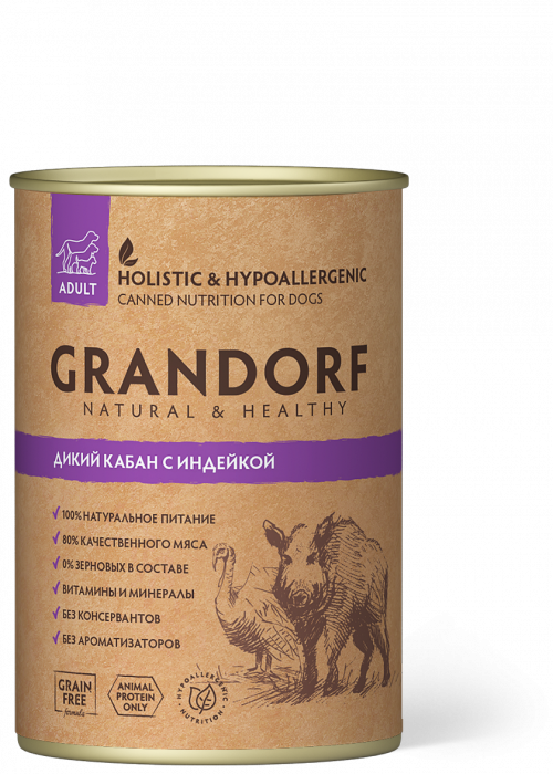 Влажный корм для собак GRANDORF Кабан с Индейкой 400гр (ГРАНДОРФ)