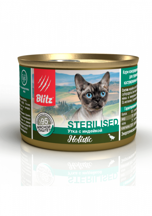 Влажный корм для кошек BLITZ конс. для стерилизованных Утка с индейкой мясной паштет (БЛИЦ)