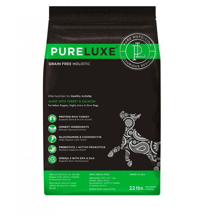Сухой корм для щенков и активных собак PURELUXE беззерновой с индейкой и лососем (Пурлюкс)