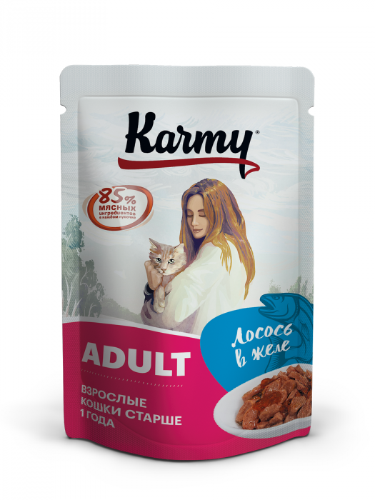 Влажный корм для кошек Karmy пауч Лосось Мясные кусочки в желе 80 гр  (КАРМИ)                       