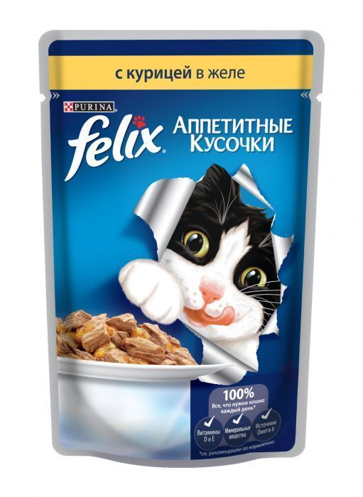 Влажный корм для кошек FELIX пауч курица в желе 0,085 кг (ФЕЛИКС)