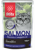 Влажный корм для кошек BLITZ пауч Лосось с индейкой в соусе 85гр (БЛИЦ)
