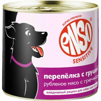 Влажный корм для собак ENSO SENSITIVE рубленое филе перепелки с гречкой и грушей для здоровья печени