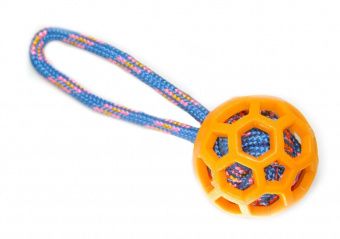 Игрушка д/собак Резиновый мяч 7.6 см с  цветной веревкой