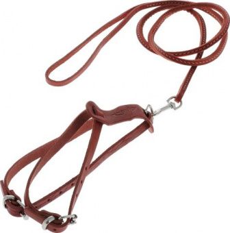 Комплект для собак кожаный, двухслойный, прошитый, поводок + шлейка, цвет красный (Аркон)