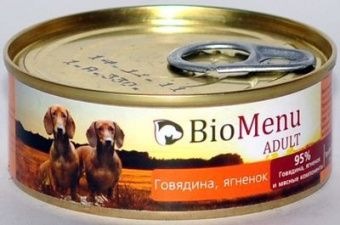БИОМЕНЮ д/собак конс. Говядина/Ягненок 95%-МЯСО 100гр*24