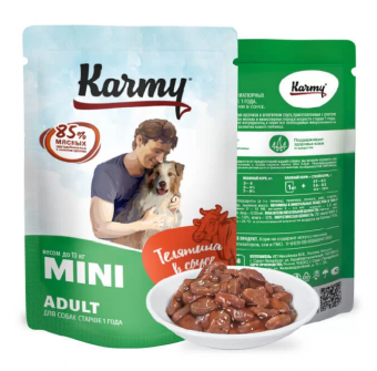 Влажный корм для собак Karmy пауч Мини Эдалт Телятина Мясные кусочки в соусе (КАРМИ)